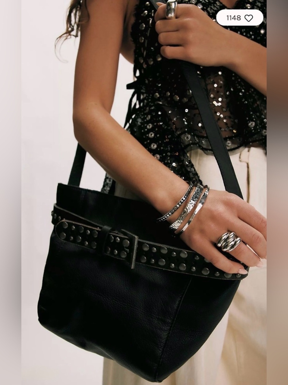 Free People Embellished Studded Leather Bucket Bag Black NWT